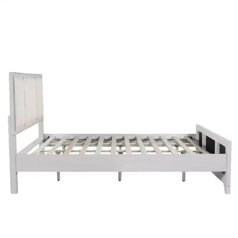 Lit plateforme en bois King/Queen size avec tête et pied de lit rembourrés beiges, cadre de lit de style ferme moderne