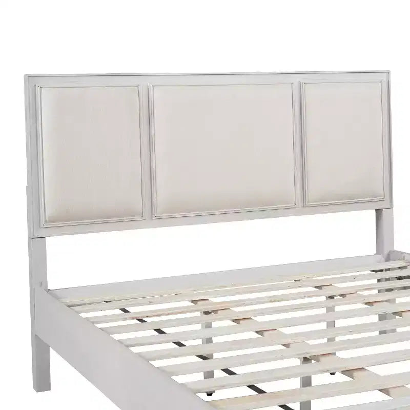 Lit plateforme en bois King/Queen size avec tête et pied de lit rembourrés beiges, cadre de lit de style ferme moderne