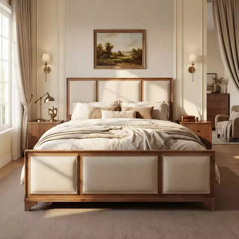 Lit plateforme en bois King/Queen size avec tête et pied de lit rembourrés beiges, cadre de lit de style ferme moderne