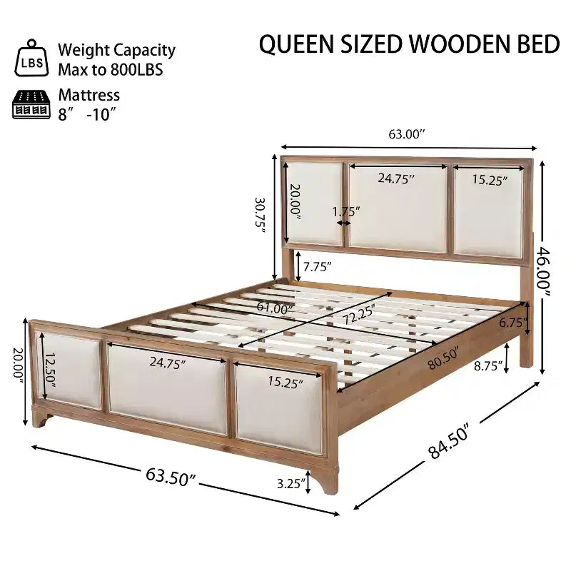 Lit plateforme en bois King/Queen size avec tête et pied de lit rembourrés beiges, cadre de lit de style ferme moderne
