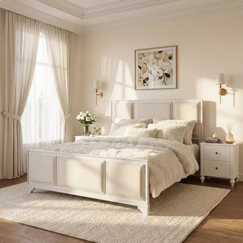 Lit plateforme en bois King/Queen size avec tête et pied de lit rembourrés beiges, cadre de lit de style ferme moderne