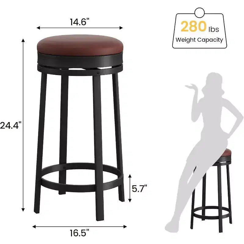 Lot de 4 tabourets de bar pivotants 24'', revêtement en cuir PU, structure en métal, ronds sans dossier, hauteur comptoir pour îlot de cuisine/bar de maison