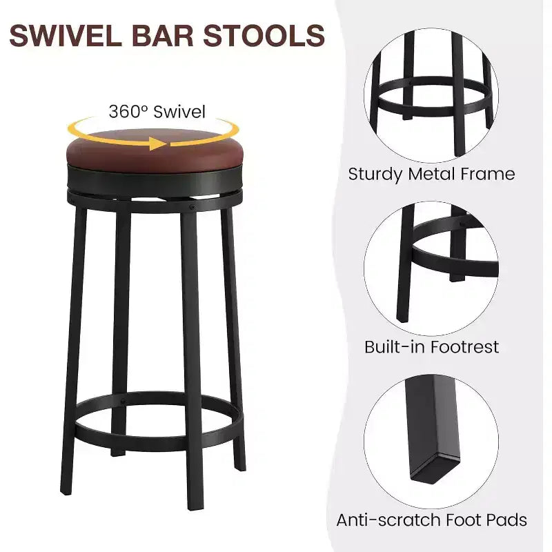 Lot de 4 tabourets de bar pivotants 24'', revêtement en cuir PU, structure en métal, ronds sans dossier, hauteur comptoir pour îlot de cuisine/bar de maison