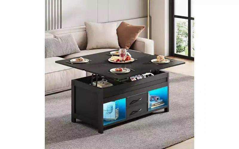 Table basse relevable de 40 pouces, tables basses 4 en 1 avec rangement, 2 tiroirs en tissu, lumière LED et USB, noir