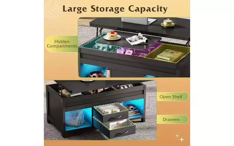Table basse relevable de 40 pouces, tables basses 4 en 1 avec rangement, 2 tiroirs en tissu, lumière LED et USB, noir