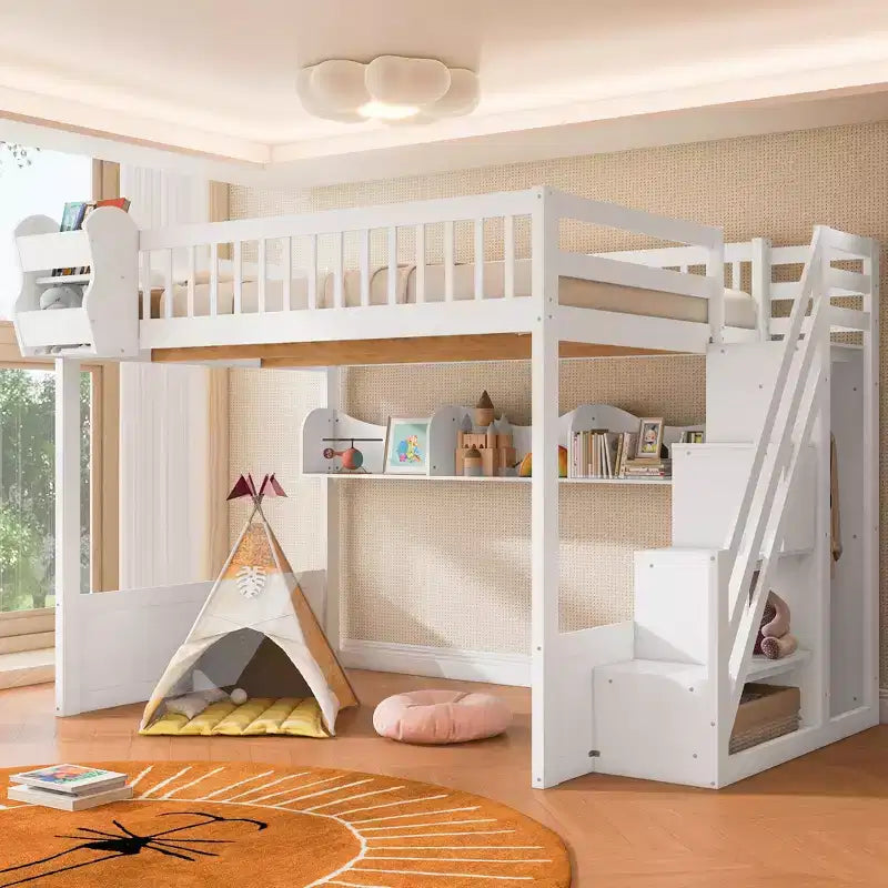 Lit mezzanine en bois Queen Size avec escalier et armoire, lit superposé haut avec espace sous le lit et étagères de rangement ouvertes pratiques pour enfants et adolescents