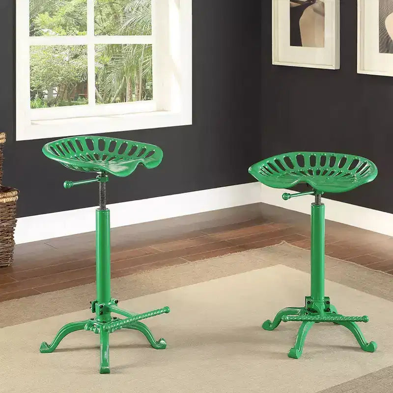 Tabouret de tracteur réglable vert et table : Fer forgé, base à griffes, hauteur 56-84 cm
