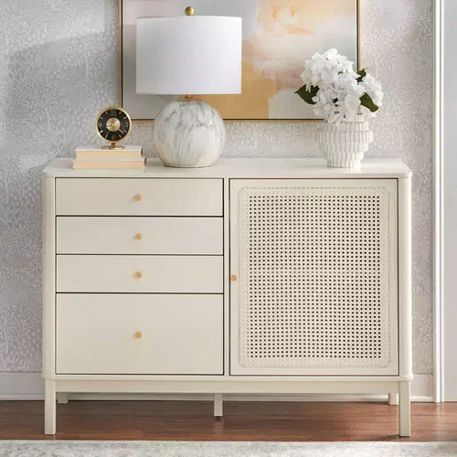 Commode 4 tiroirs et 1 porte aspect rotin coloris ivoire