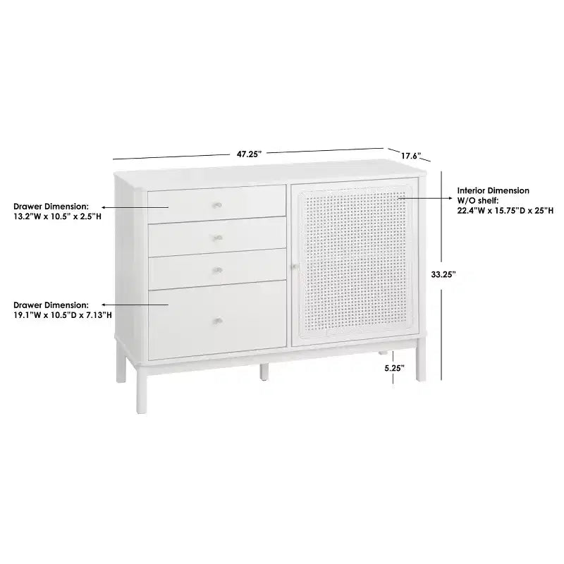 Commode 4 tiroirs et 1 porte aspect rotin coloris ivoire