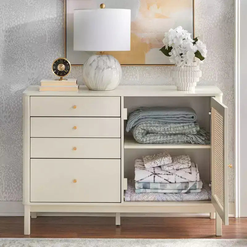 Commode 4 tiroirs et 1 porte aspect rotin coloris ivoire