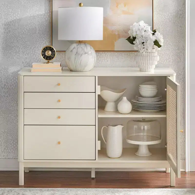 Commode 4 tiroirs et 1 porte aspect rotin coloris ivoire