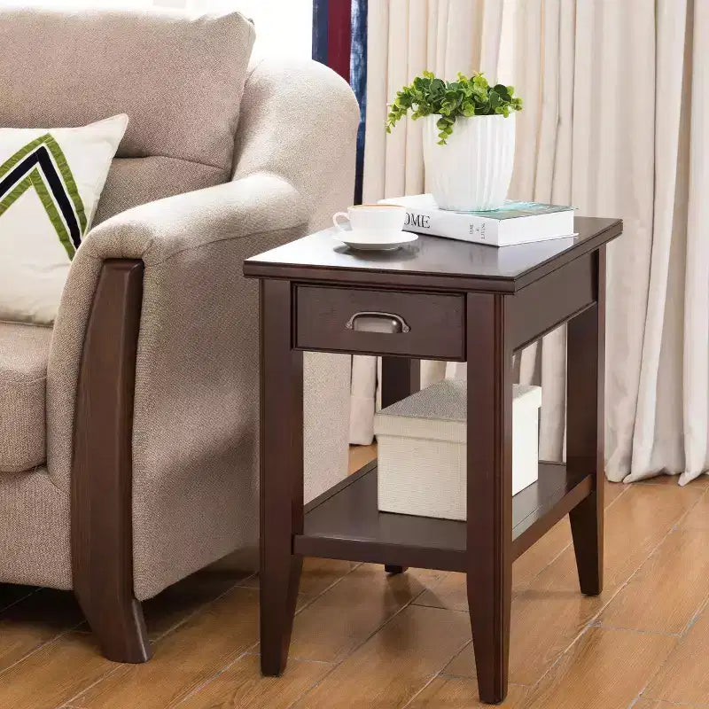 Table de chevet avec tiroir, finition cerisier chocolat -